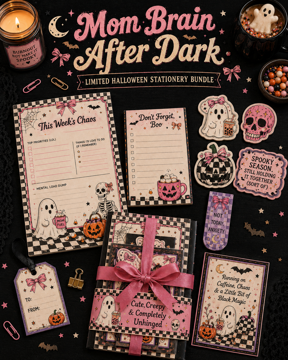 Mom Brain After Dark Stationery Gift Set | Cute Spooky Halloween Mom Bundle